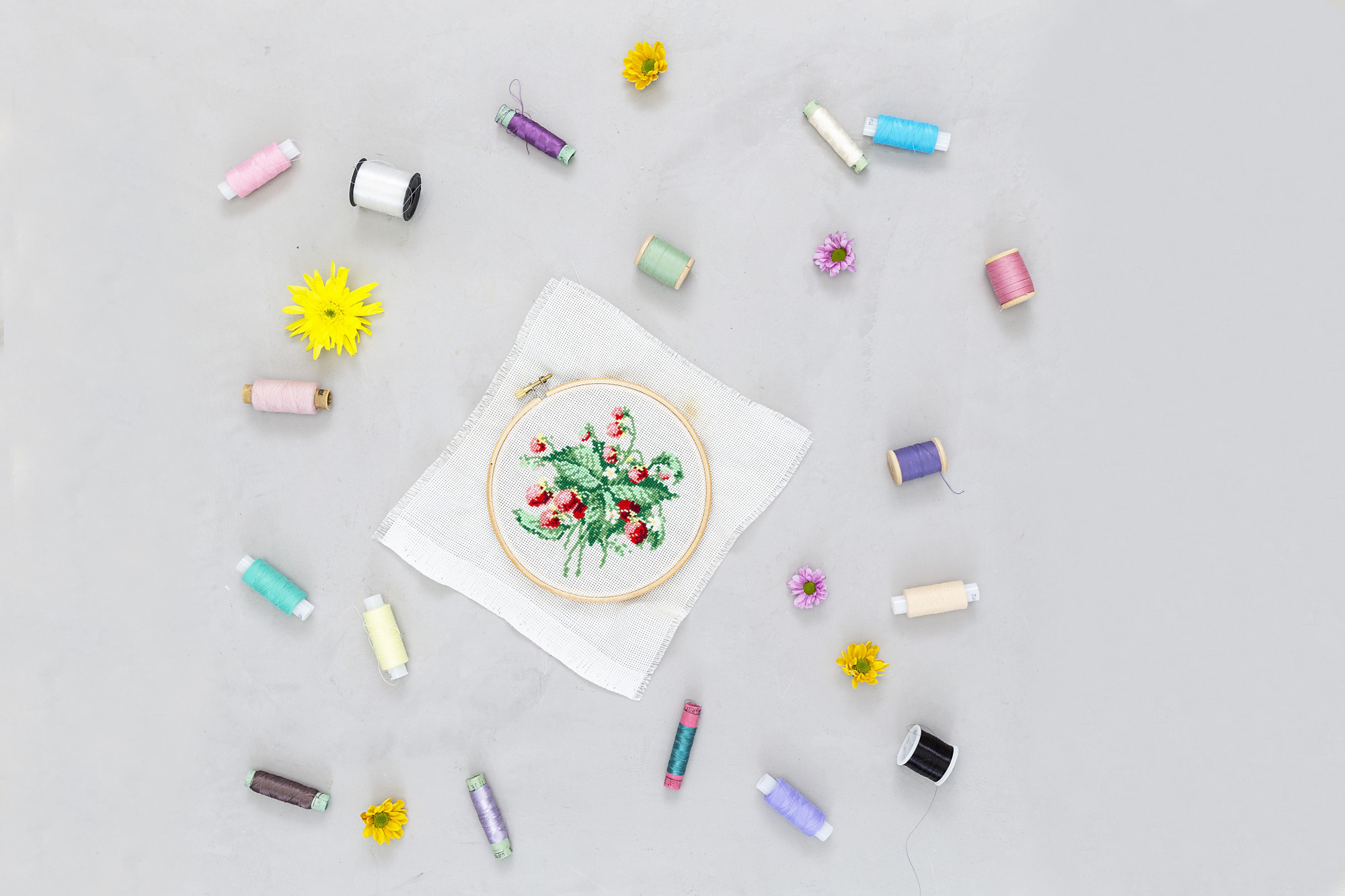 series of embroidered patches on table