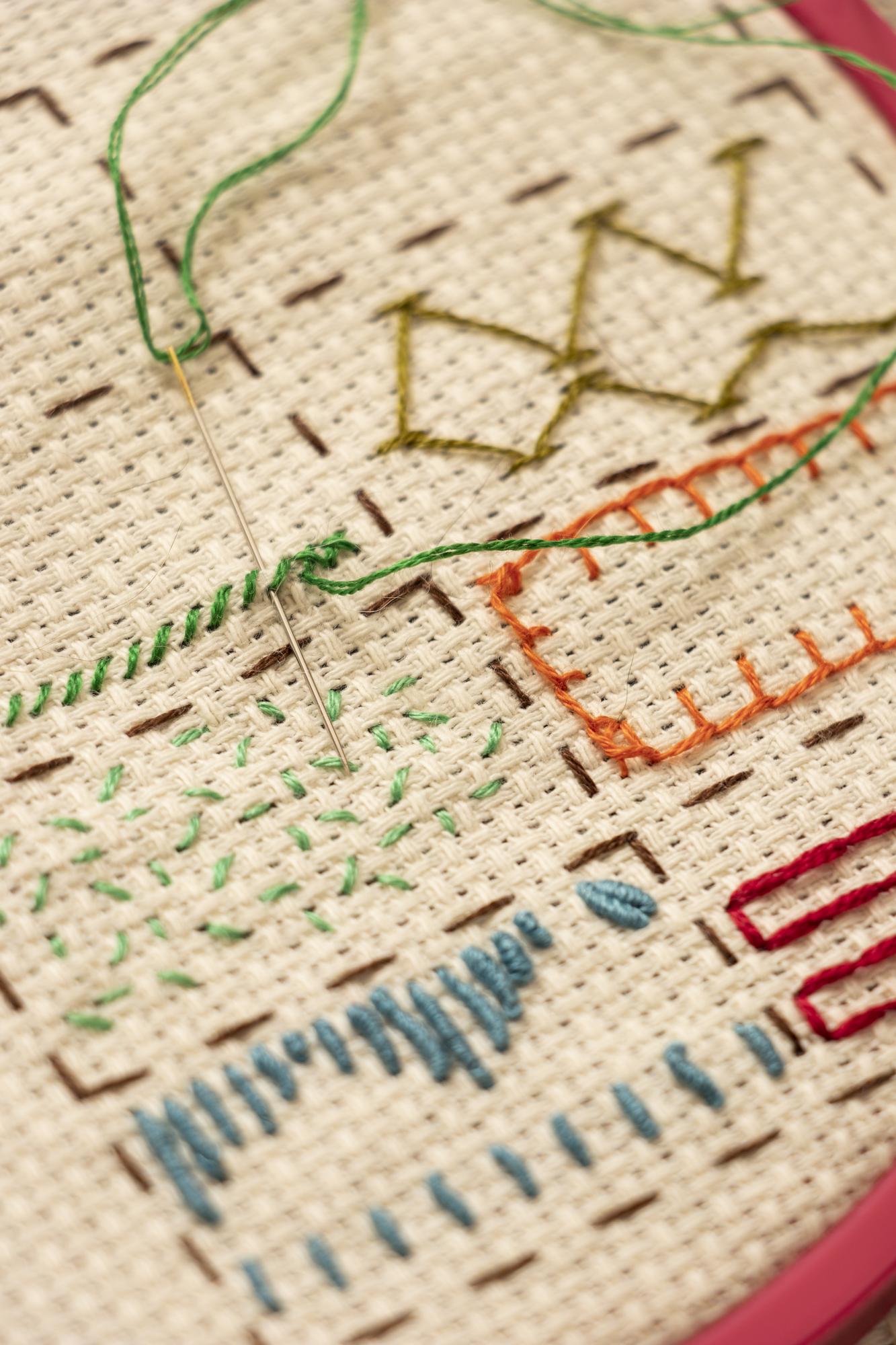 embroidered sampler on textured fabric